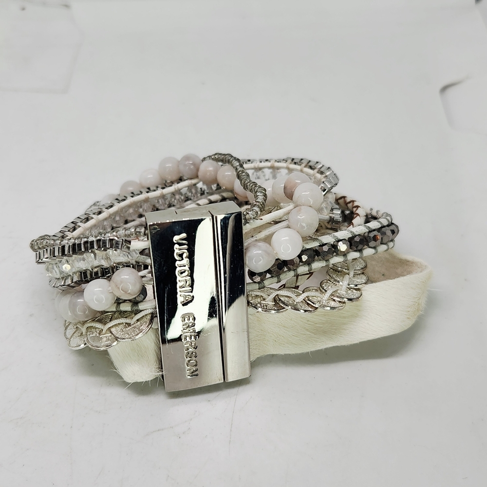 Victoria Emerson Multi Strand Wrap Bracelet Silver Tone Leather Coin Bead Boho